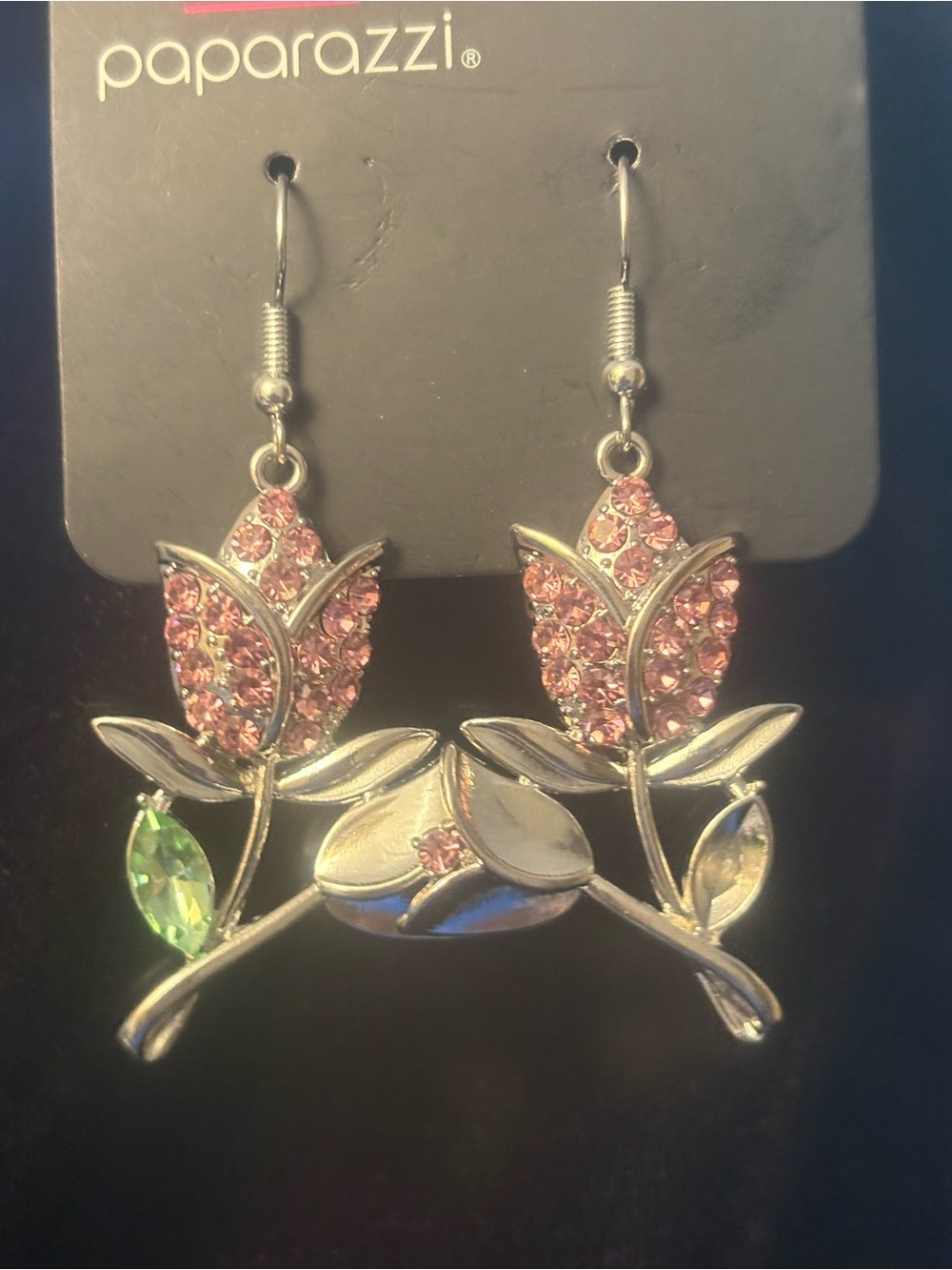 Paparazzi Pink and Green Tulip Crystal Dangle Earrings